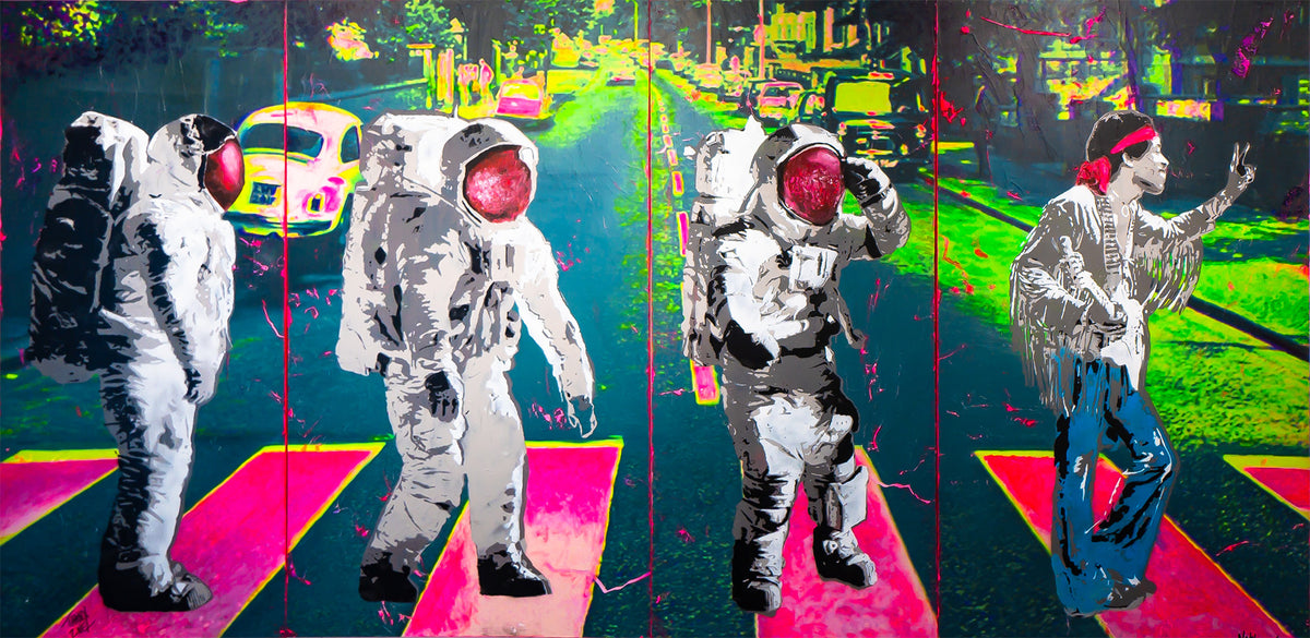 this.is.69, a wide painting of Hendrix and astronauts crossing a bright street