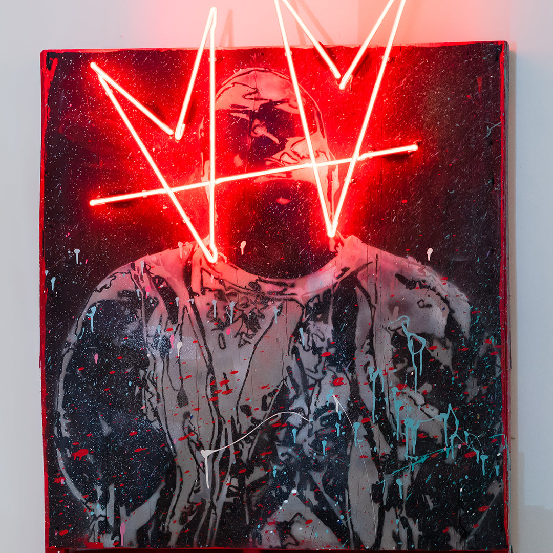 not.biggie, a painted portrait crossed by red neon